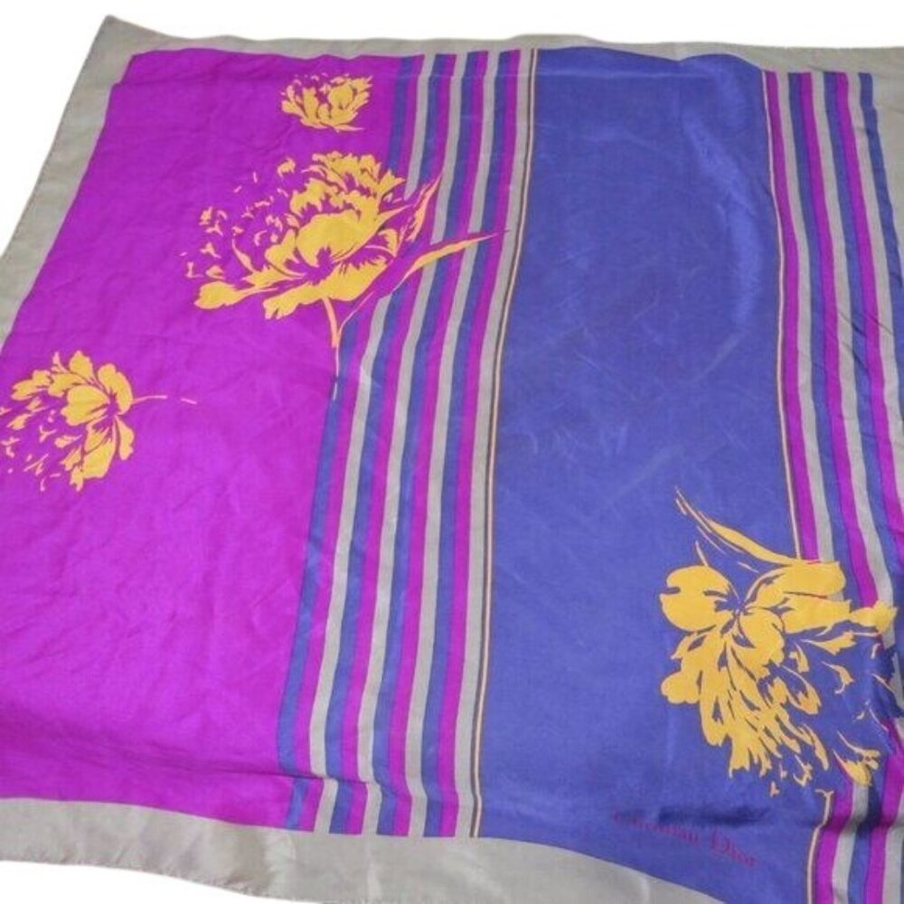 Christian Dior 100% silk scarf purple & pinks with white & yellow floral